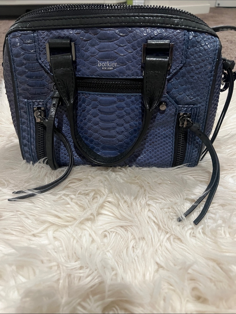 Botkier Navy Textured Leather Mini Satchel with Black Trim